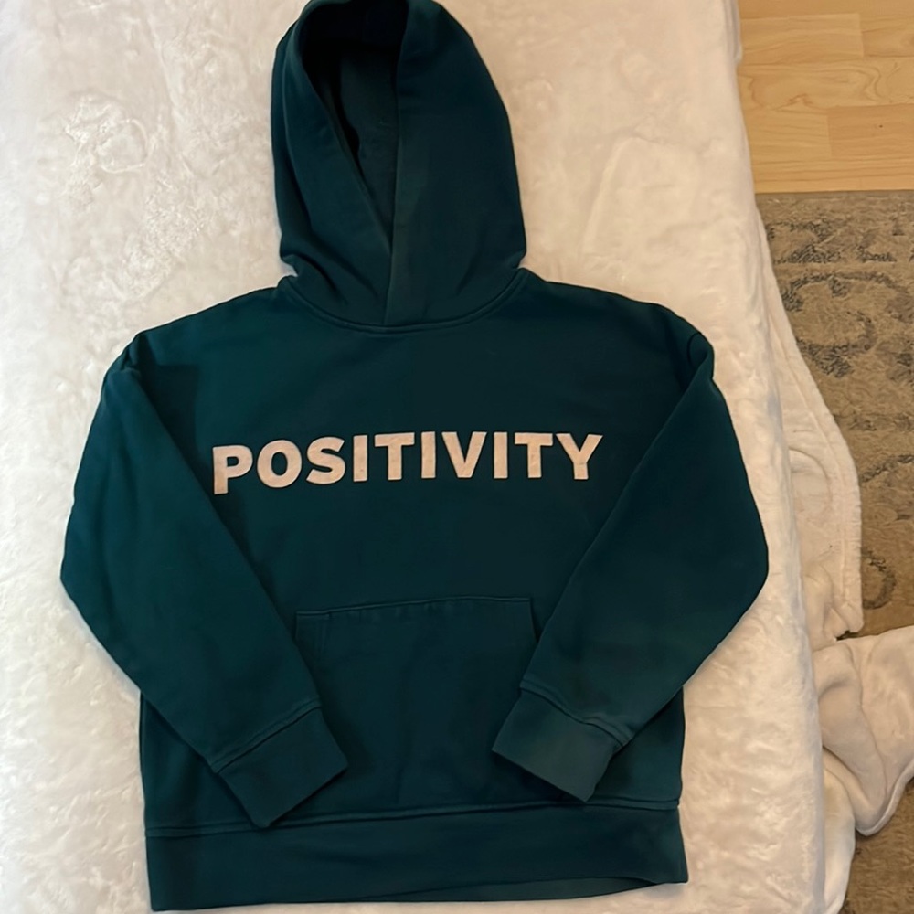 There Abouts-Positivity  hooded sweatshirt with fromt lower pocket. Teal green.